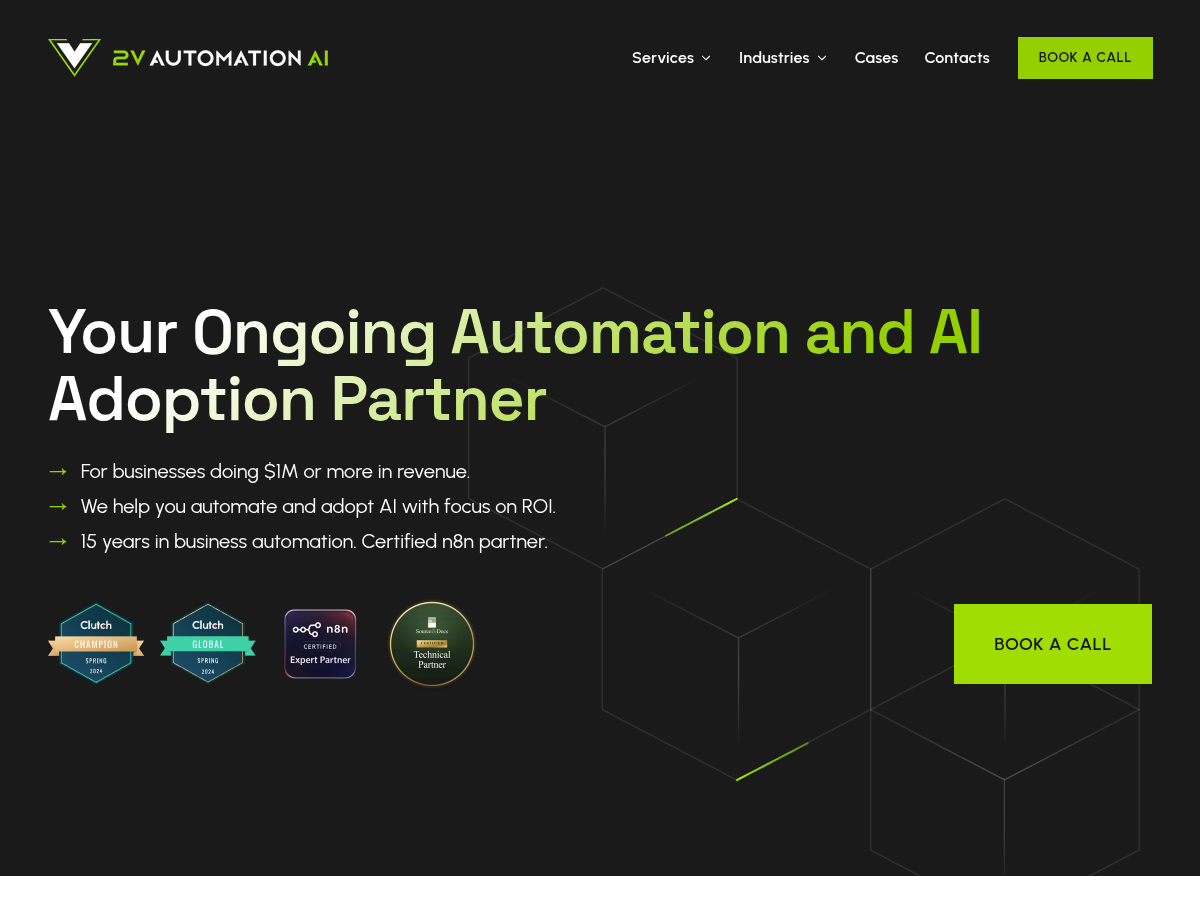 2V Automation website — "Your Ongoing Automation and AI Adoption Partner"