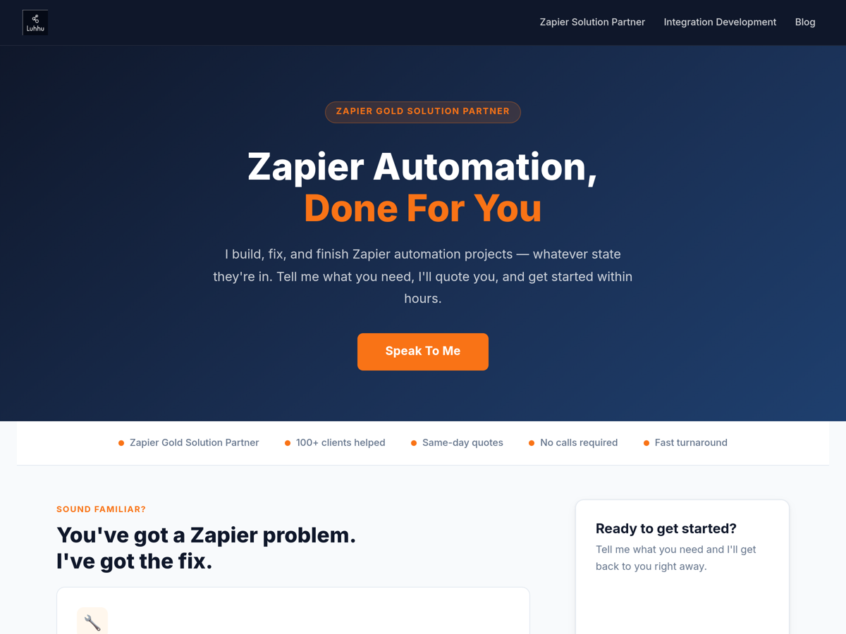 Luhhu website — "Zapier Automation, Done For You"